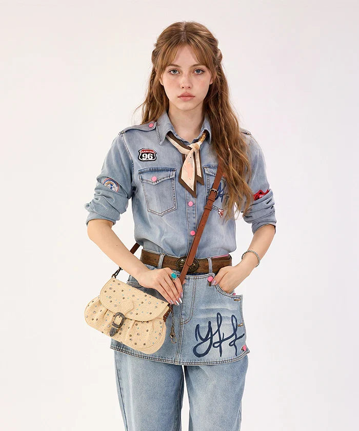 Wrangler Crystal Studded Canvas Saddle Bag - Tan