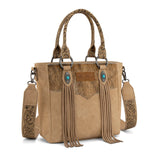 Montana West Hair-On Hide Tote Bag with Tooled Strap - Beige