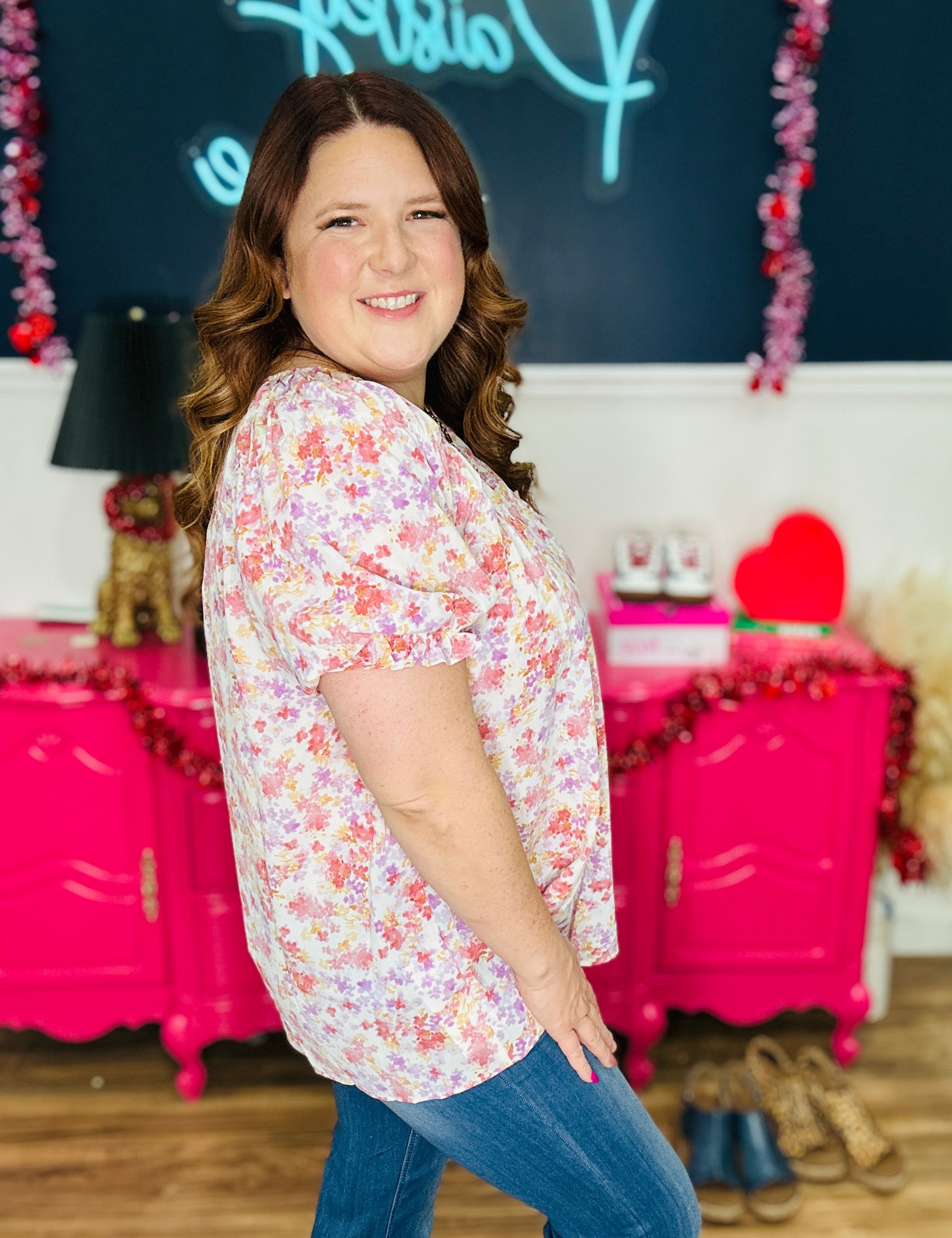 Floral Print Ruched Neck Relaxed Fit Blouse - FINAL SALE