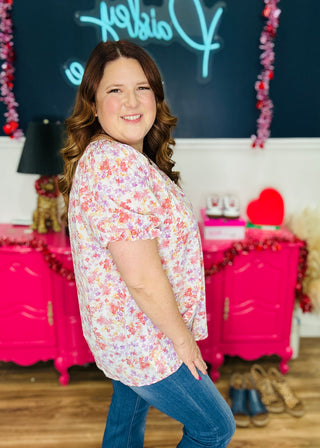 Floral Print Ruched Neck Relaxed Fit Blouse