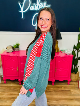 Ribbed Hunter Green With Red & Plaid Contrast Top