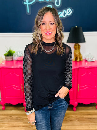 Black Mesh Rhinestone Checkered Sleeve Top