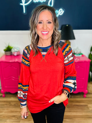 Solid Aztec Print Long Sleeve Top - Rust Aztec