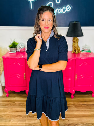 Sandra Dee Navy Striped Trim Dress