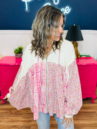 Mix Print Waffle Zip-Up Hoodie