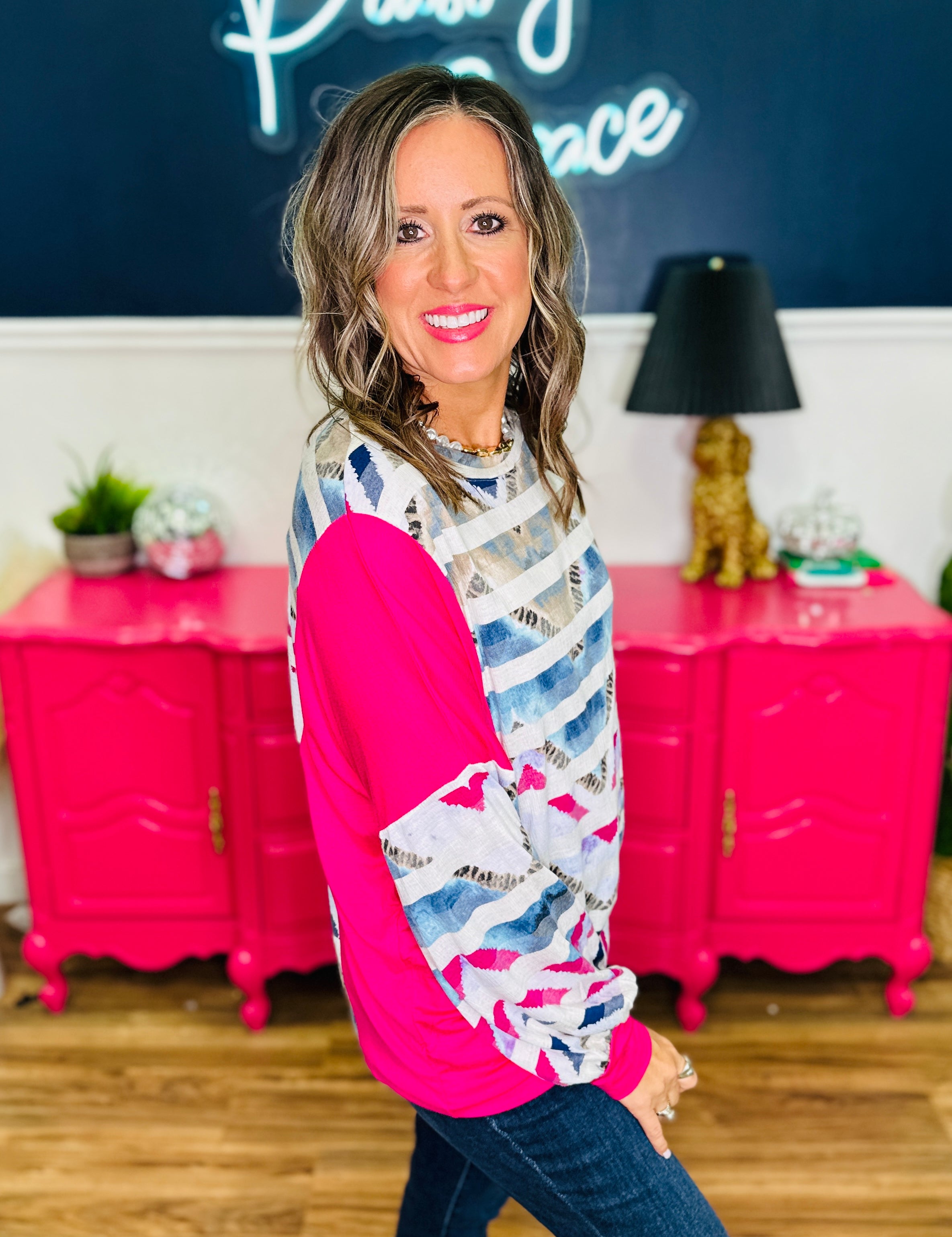 Geometric Print With Stripes Print Top - LAST ONES FINAL SALE