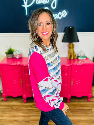 DEAL - Geometric Print With Stripes Print Top