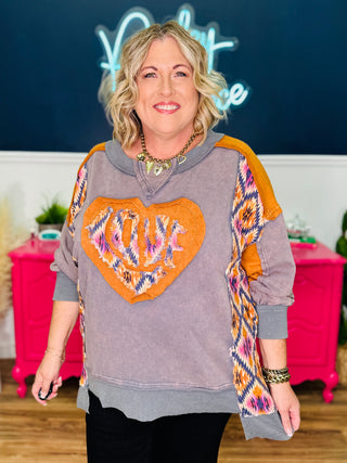 Washed Love Heart Patchwork Pullover Top