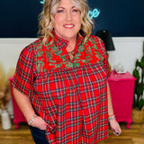 Plaid Short Sleeve Top With Embroidered Neckline