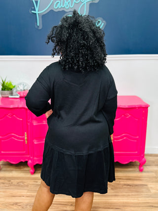 Waffle Knit Long Sleeve Dress - Black