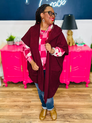 Softest Hooded Cape Kimono - Burgundy