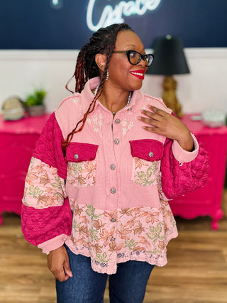 POL Balloon Sleeve Pointed Floral Pattern Jacket