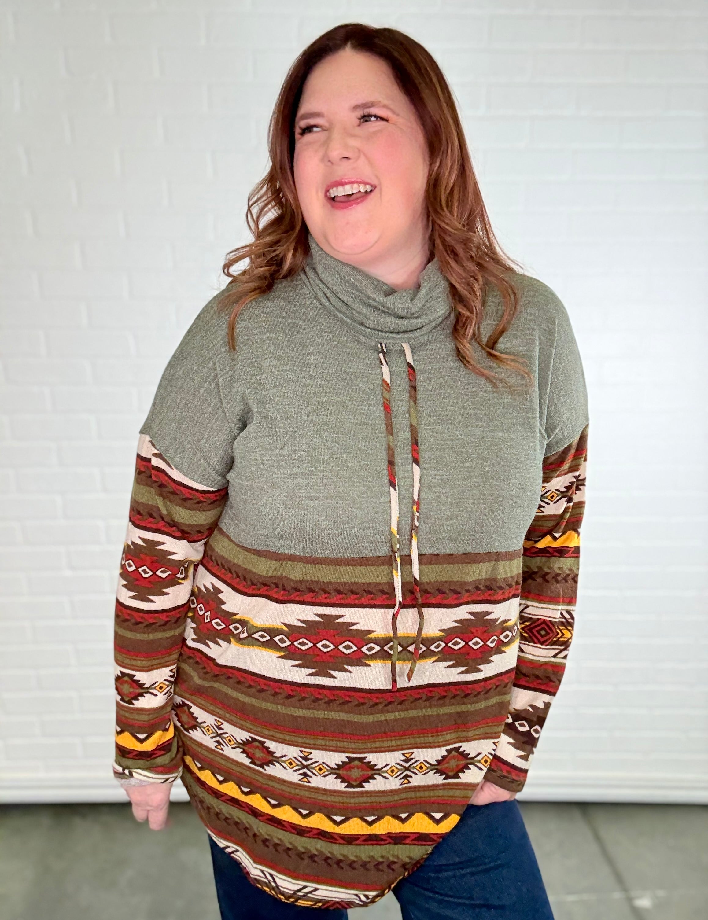 Aztec Contrast Relaxed Turtleneck Long Sleeve Top - LAST ONES FINAL SALE