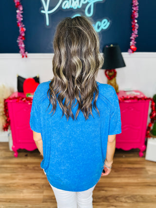 Washed Ribbed Short Sleeve Boat-Neck Top - Ocean Blue