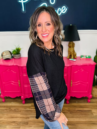 Black Knit Top with Plaid Long Sleeves