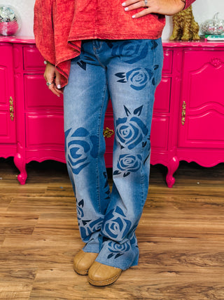 Washed Rose Print Detail Jeans