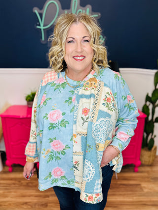 Loose Fitting Long Sleeve Floral Pattern Blouse