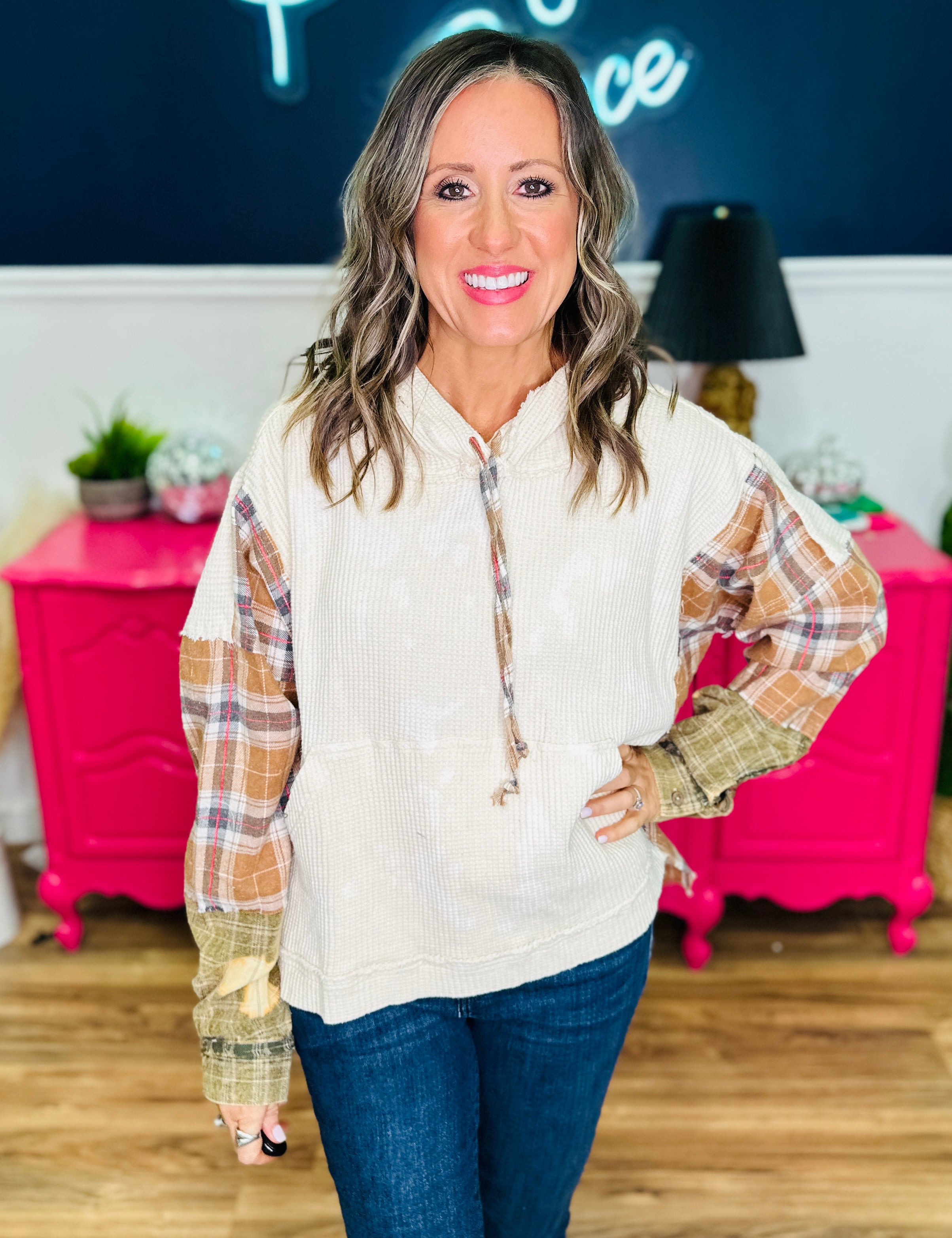 Washed Fabric Mixed Hooded Plaid Pullover Top - LAST ONES FINAL SALE
