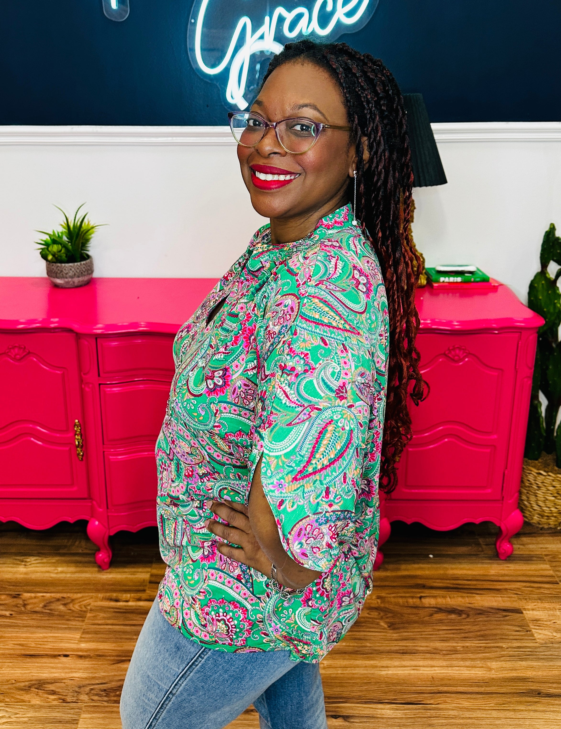 Dear Scarlett Lizzy Breeze Top - Kelly Green Paisley - FINAL SALE