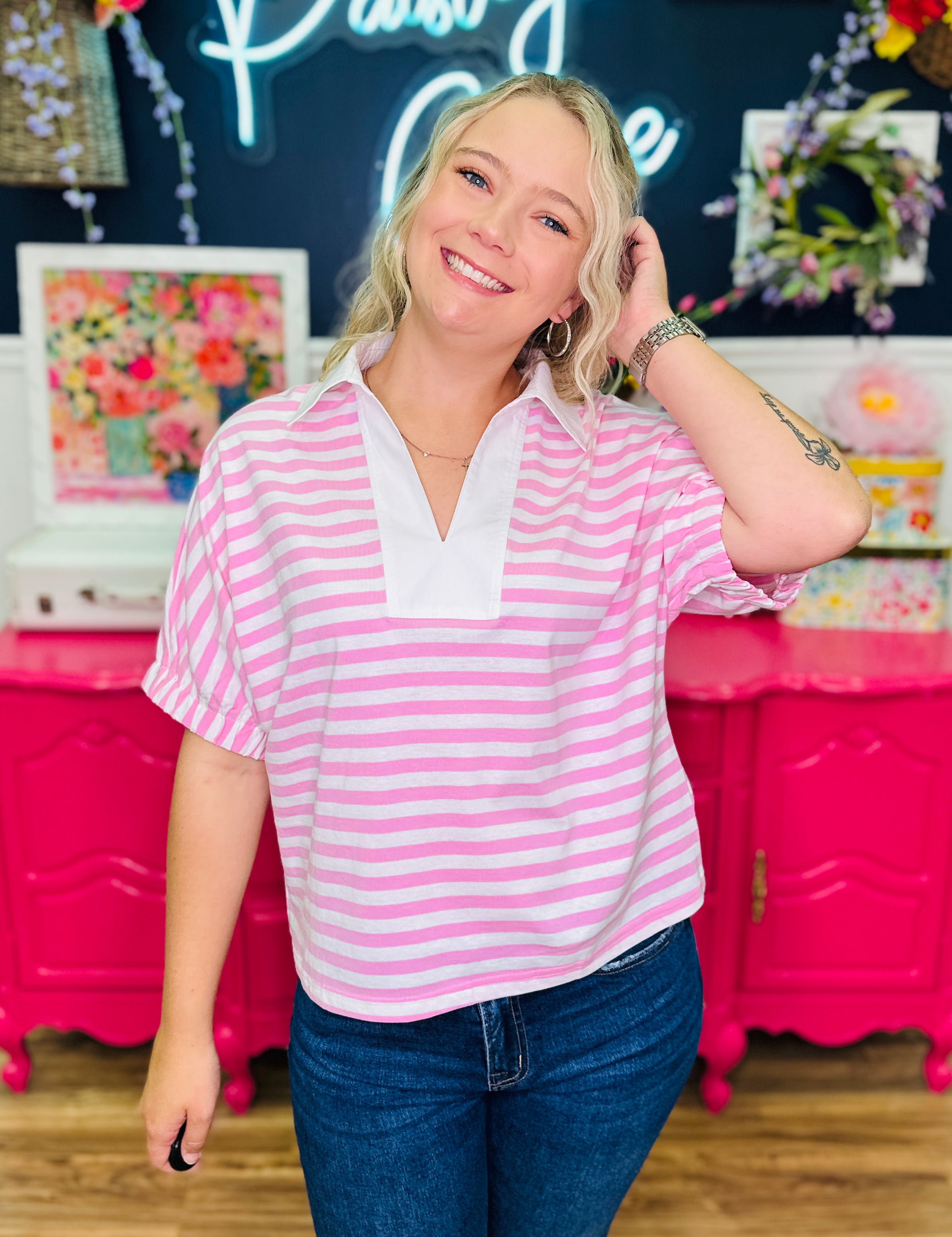 Mainstreet Muse Top - Pink/White
