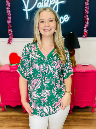 Floral V-Neck Top With Ribbing Detail (PREORDER)