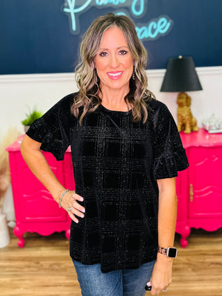 Puff Sleeve Glitter Plaid Velvet Top
