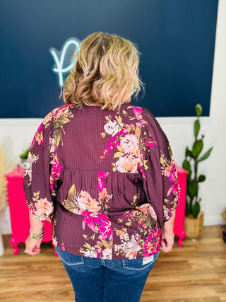 Floral Printed Batwing Sleeve Front Tie Top - Brown Multi