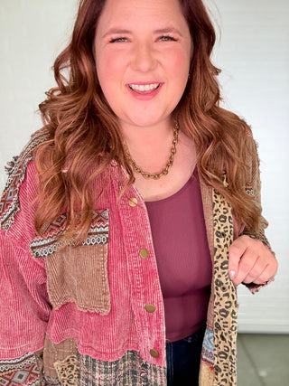 Mixed Media Cropped Corduroy Shacket