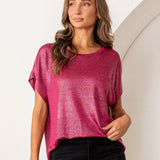 Relaxed Fit Shimmering Short Sleeve Top - Fuchsia - PREORDER