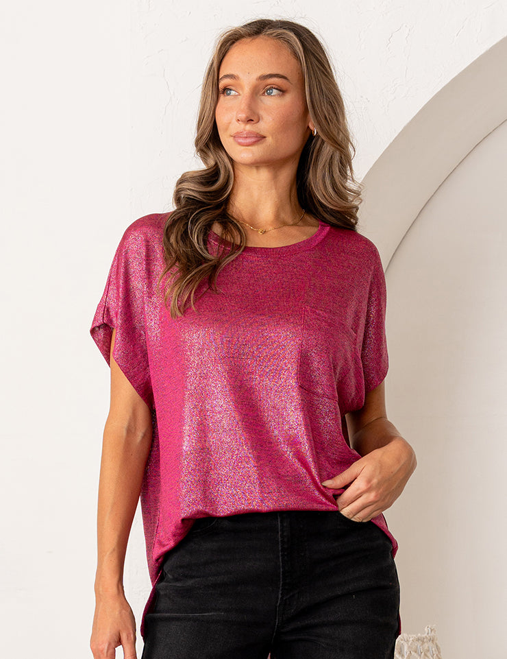 Relaxed Fit Shimmering Short Sleeve Top - Fuchsia - PREORDER