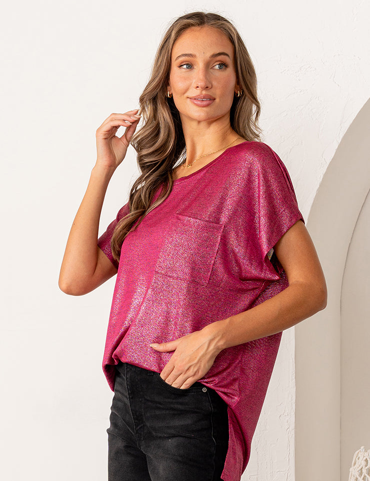 Relaxed Fit Shimmering Short Sleeve Top - Fuchsia - PREORDER