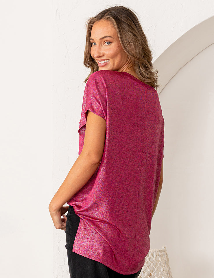 Relaxed Fit Shimmering Short Sleeve Top - Fuchsia - PREORDER