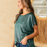 Relaxed Fit Shimmering Short Sleeve Top - Hunter Green - PREORDER