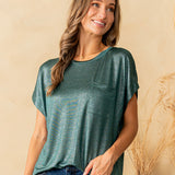 Relaxed Fit Shimmering Short Sleeve Top - Hunter Green - PREORDER