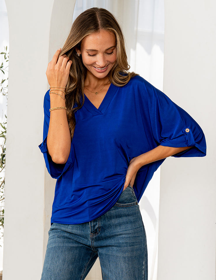 Long-Sleeve V-Neck Top - Royal Blue - PREORDER