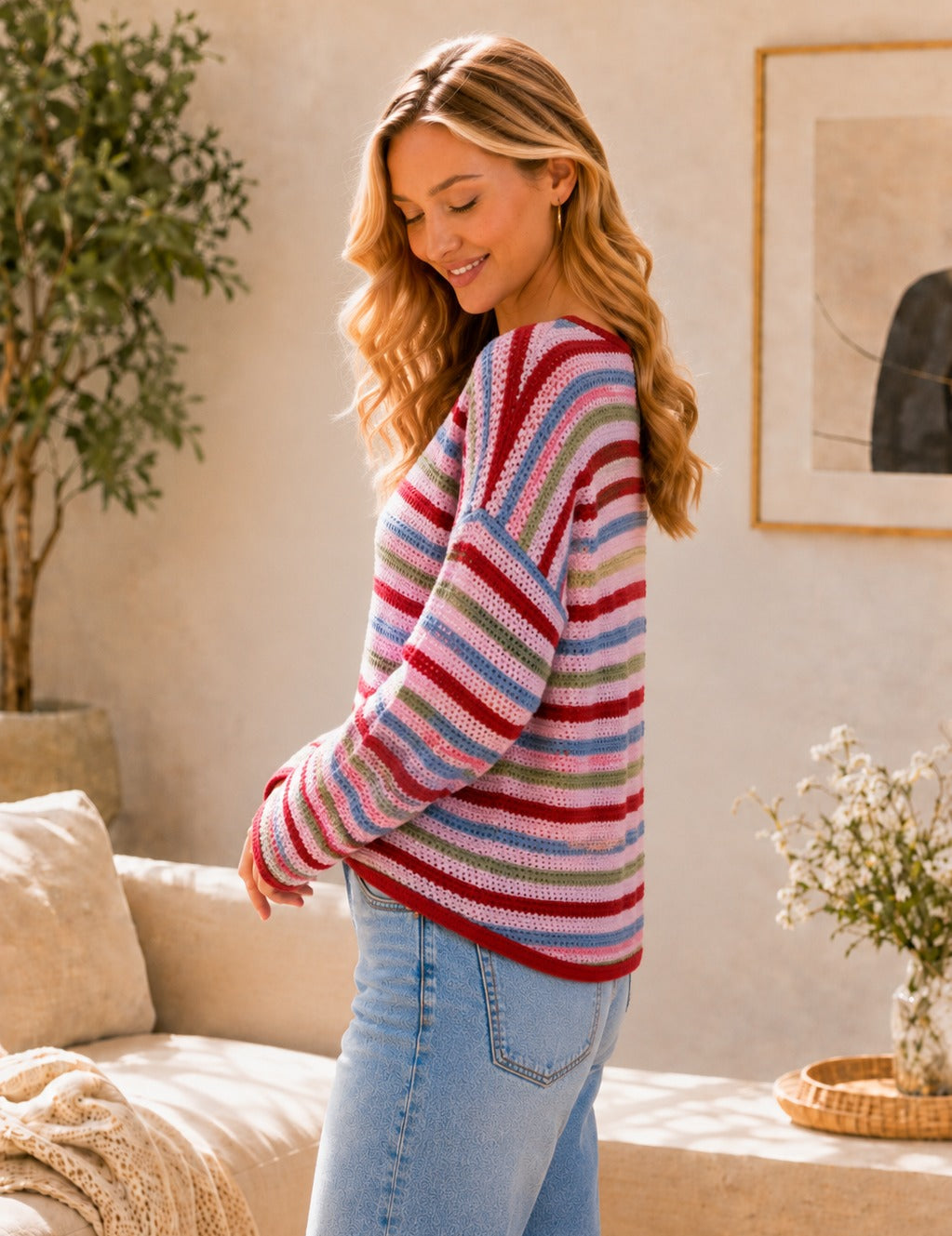 Open-Stitch Multicolor Striped Crew Neck Sweater - PREORDER