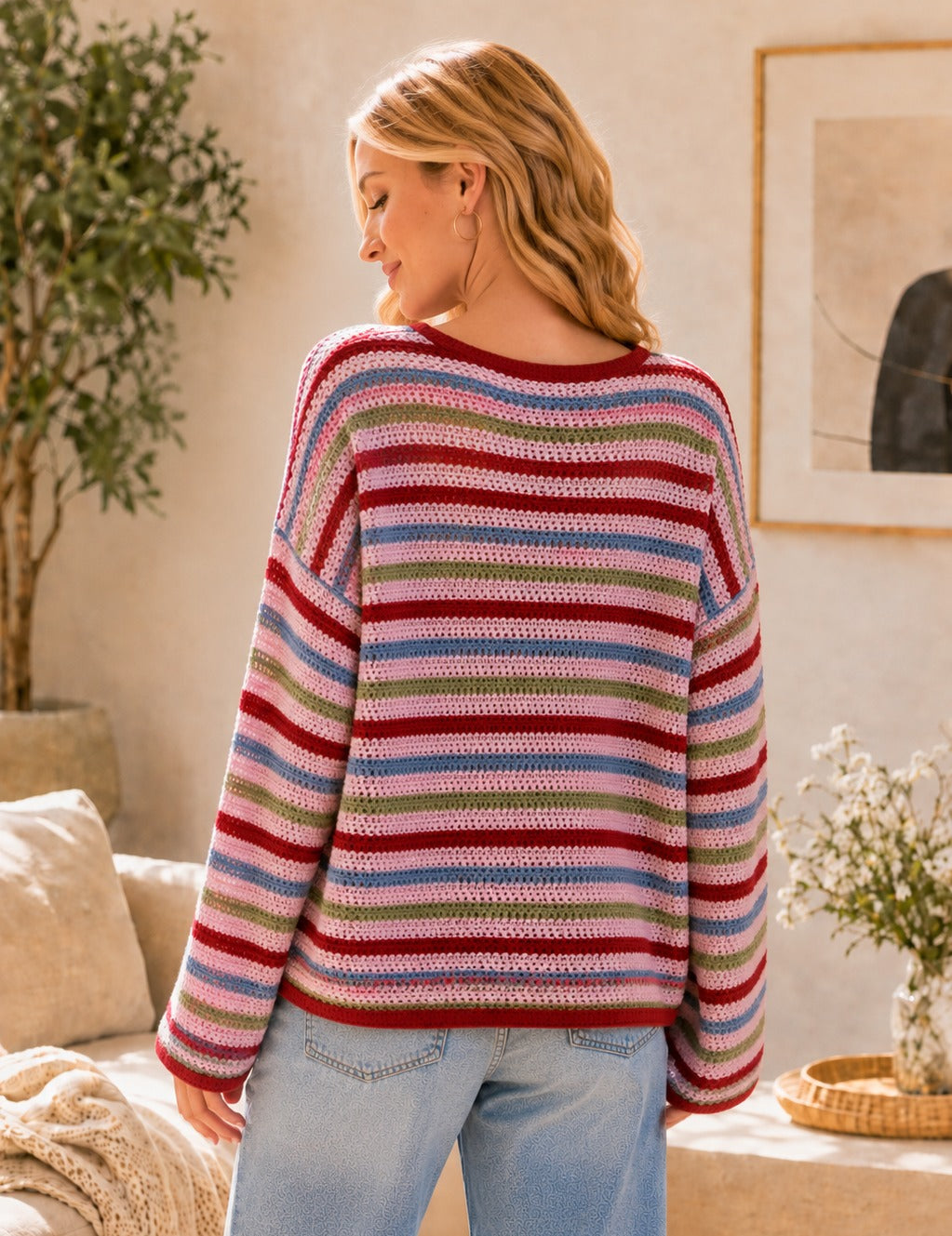 Open-Stitch Multicolor Striped Crew Neck Sweater - PREORDER