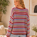 Open-Stitch Multicolor Striped Crew Neck Sweater - PREORDER