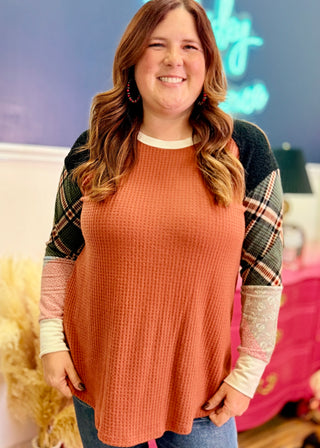 Rust Waffle Knit Long Sleeve Multi Print Top