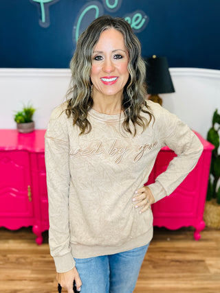 Washed Embroidered  Mocha Pullover