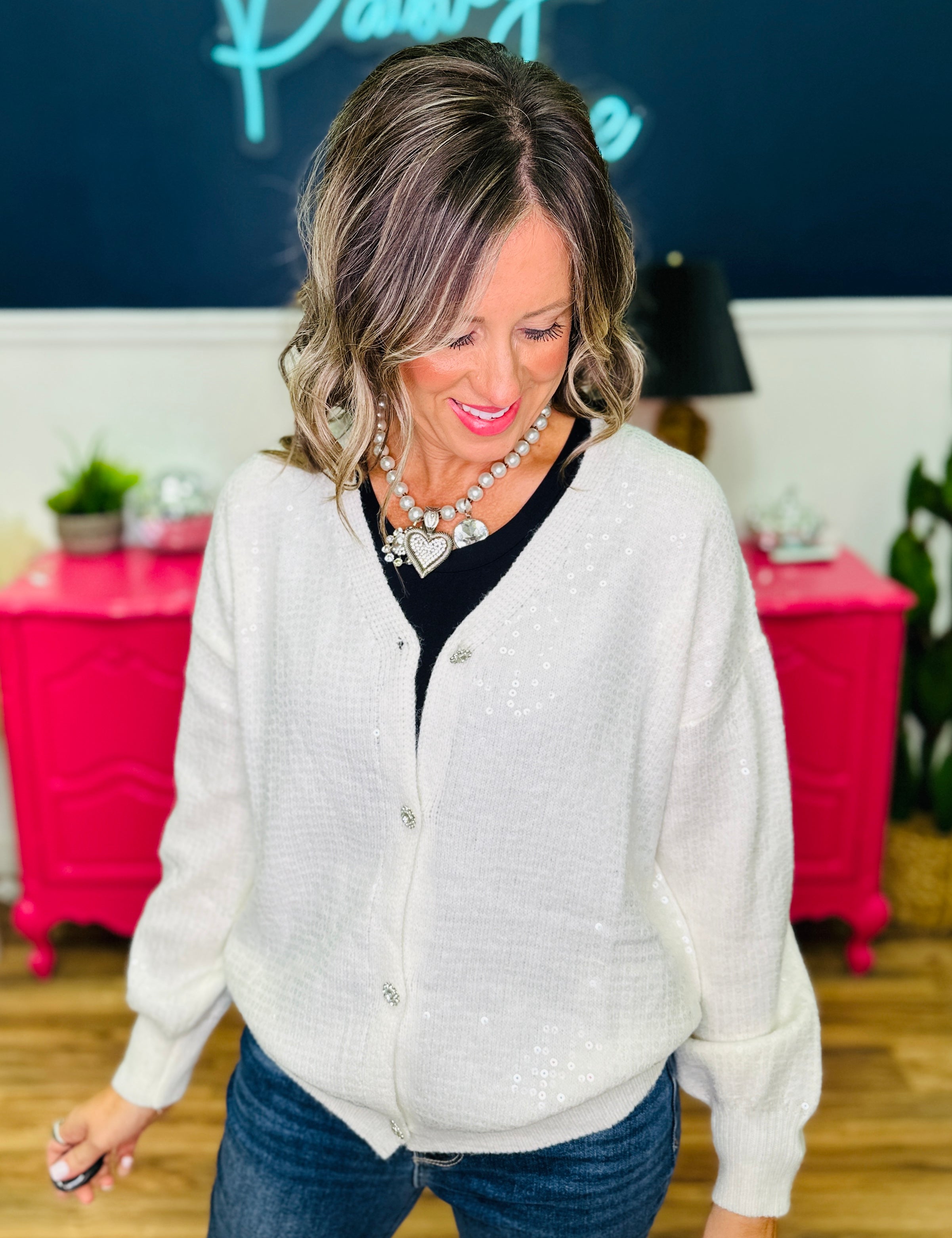 V-Neck Button Front Sequin Cardigan - LAST ONES FINAL SALE
