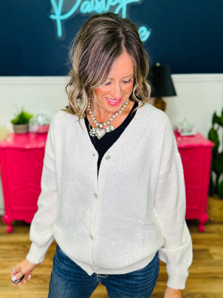 V-Neck Button Front Sequin Cardigan