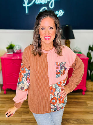 DEAL - Rib And Floral Patchwork Pullover Top