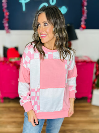 Checkered Print Patchwork Pullover Top