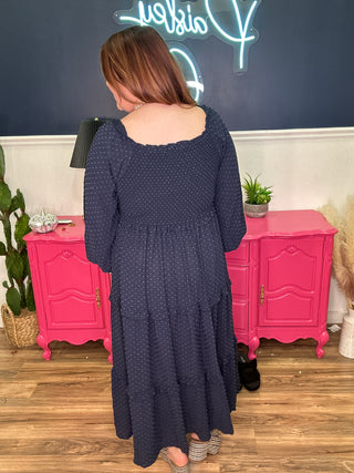 Navy Textured Tiered Dress