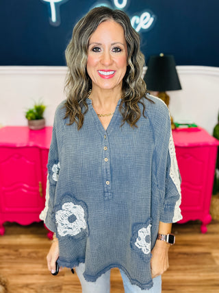 V-Neck Flower Patch Dolman Sleeve Top