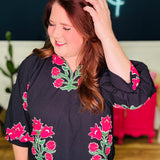 Bubble Sleeved Tulip Print Split V-Neck Top - LAST ONES FINAL SALE