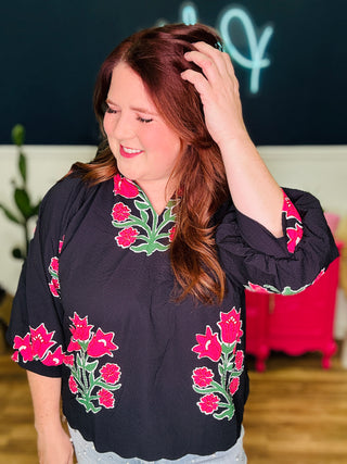 Bubble Sleeved Tulip Print Split V-Neck Top