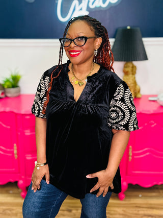 Black Velvet Top With Embroidered Puff Sleeves