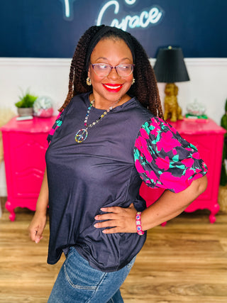 Rosaline Noir Floral Short Puff Sleeve Top - FINAL SALE